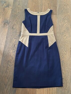 Ann Taylor Navy and Cream Colorblock Midi Sheath Dress